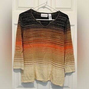 Alfred Dunner Woman’s Top Blouse Size Small Black Tan Coral Gold Metallic Accent